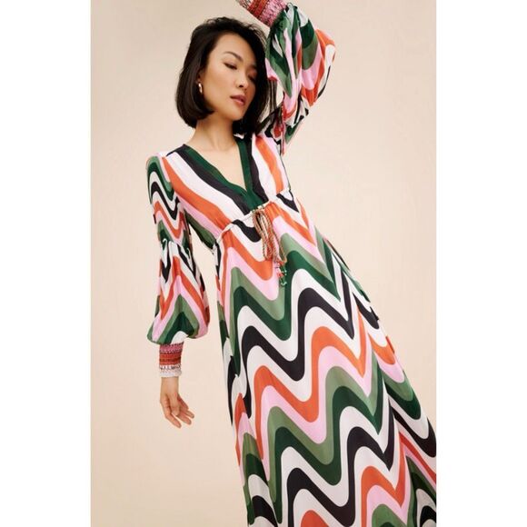 FARM Rio Wave Gradient Maxi Dress Long Sleeve Drawstring Waist Multicolor Size M - Picture 5 of 15